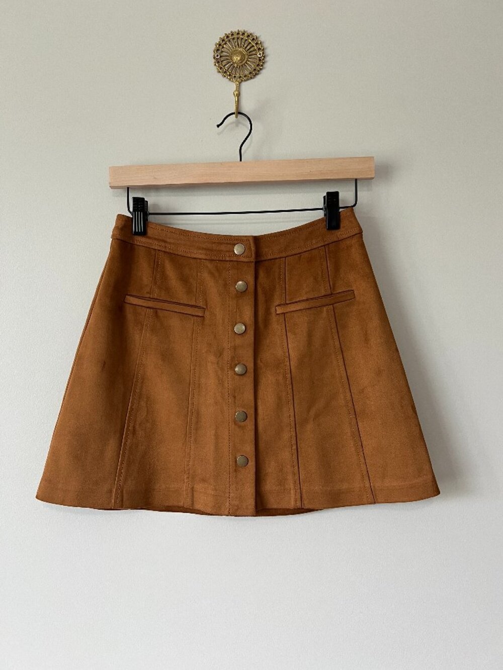 ZARA Faux Suede Mini Skirt Brown Button Front A-Line Small Boho Fall